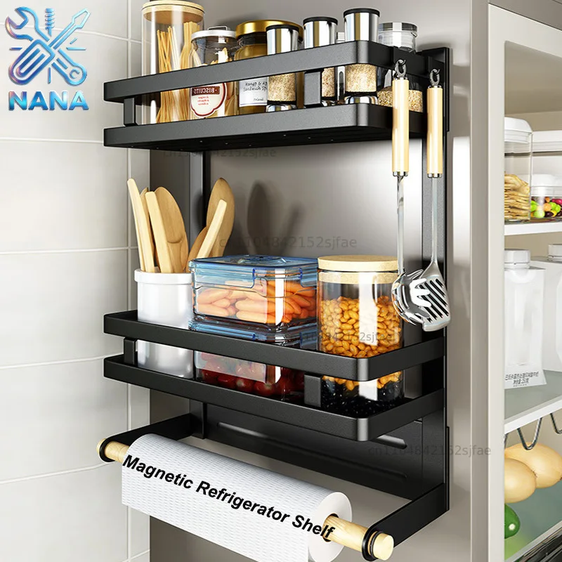 Magnetic Refrigerator Shelves 2 Layers Kitchen Wall mounted Side Refrigerator Storage Rack Bag Seasoning Storage Organizer