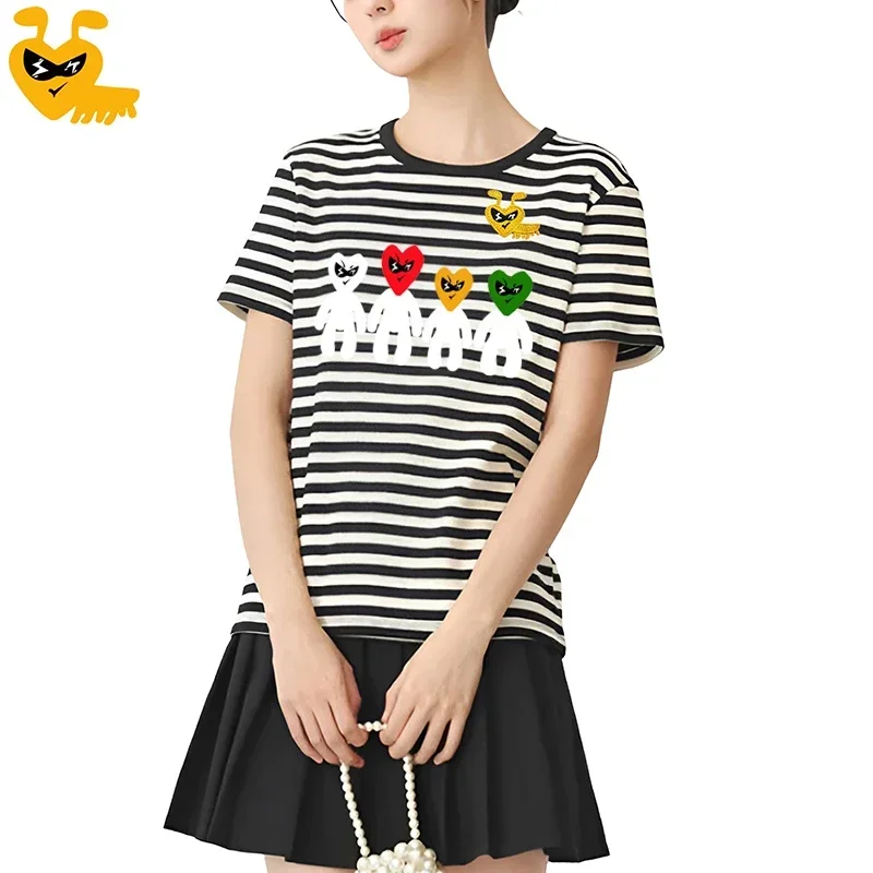 Break Egg Women Striped T-shirt Cotton Cartoon  Ant Embroidery Multiple Little People Print Short Sleeve O-Neck Summer T-shirt