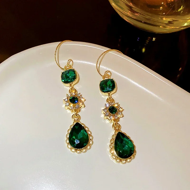 New Fashion Fine 14K Real Gold Plated Emerald Crystal Flowers Drop Earrings for Women Girl Hook Type Jewelry AAA Zirconia