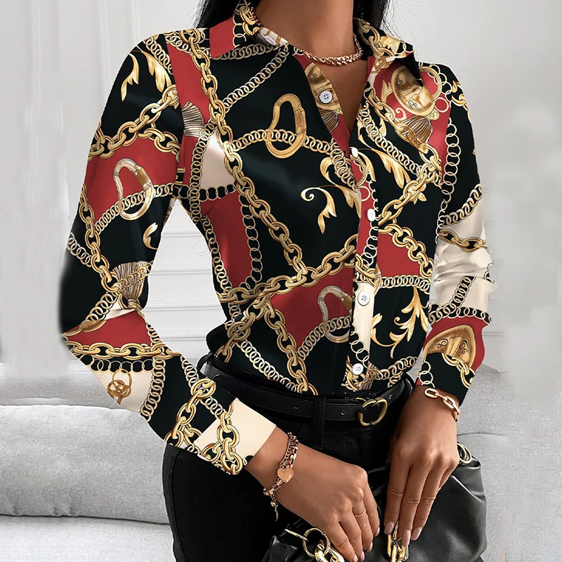 Printed Shirt Women 2022 autumn Elegant Office Ladies Blouse Clothes Fashion Lapel Long Sleeve Buttons Casual Tops For Woman