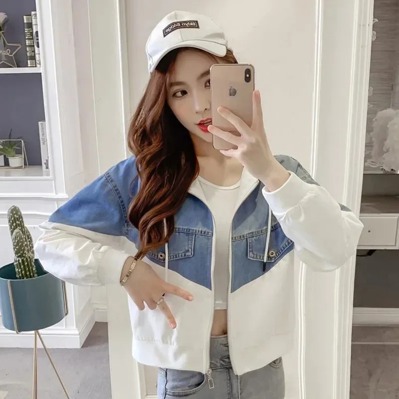 Denim Jacket Women's Hooded Spring Work Loose Fitting Jacket Women's Slim Fitting Joker Color Matching Jacket Top