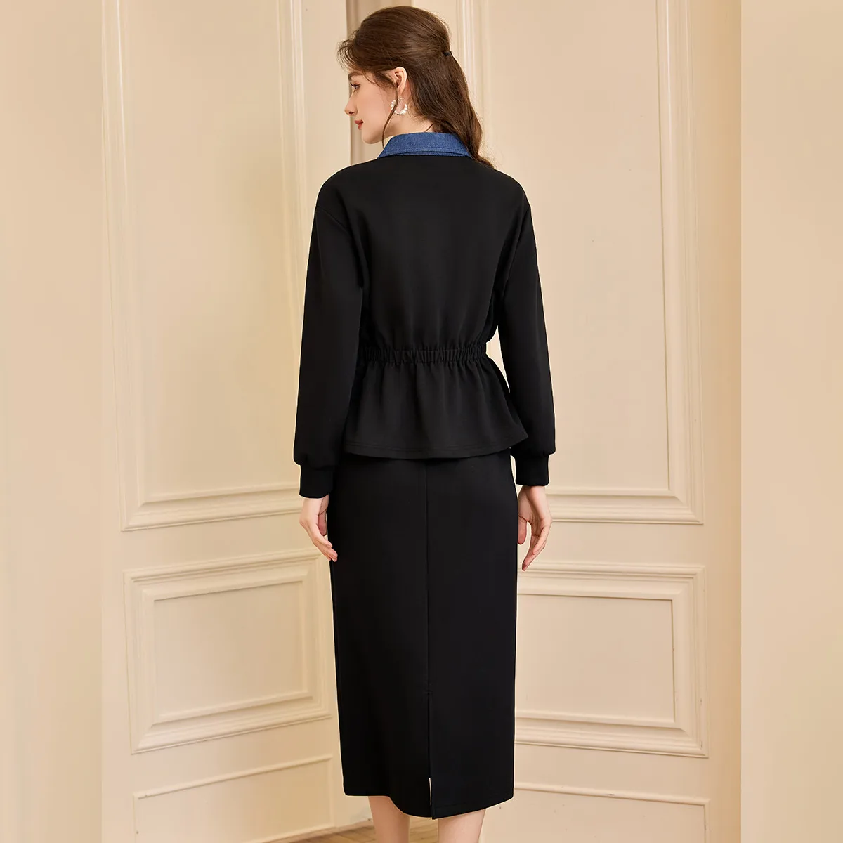 LOUIS YAO Color-Block Two-Piece Set 2025 Autumn Knitted Micro Elastic Fitted-Waist Splicing Knit Hoodie & Midi Skirt Women's Set