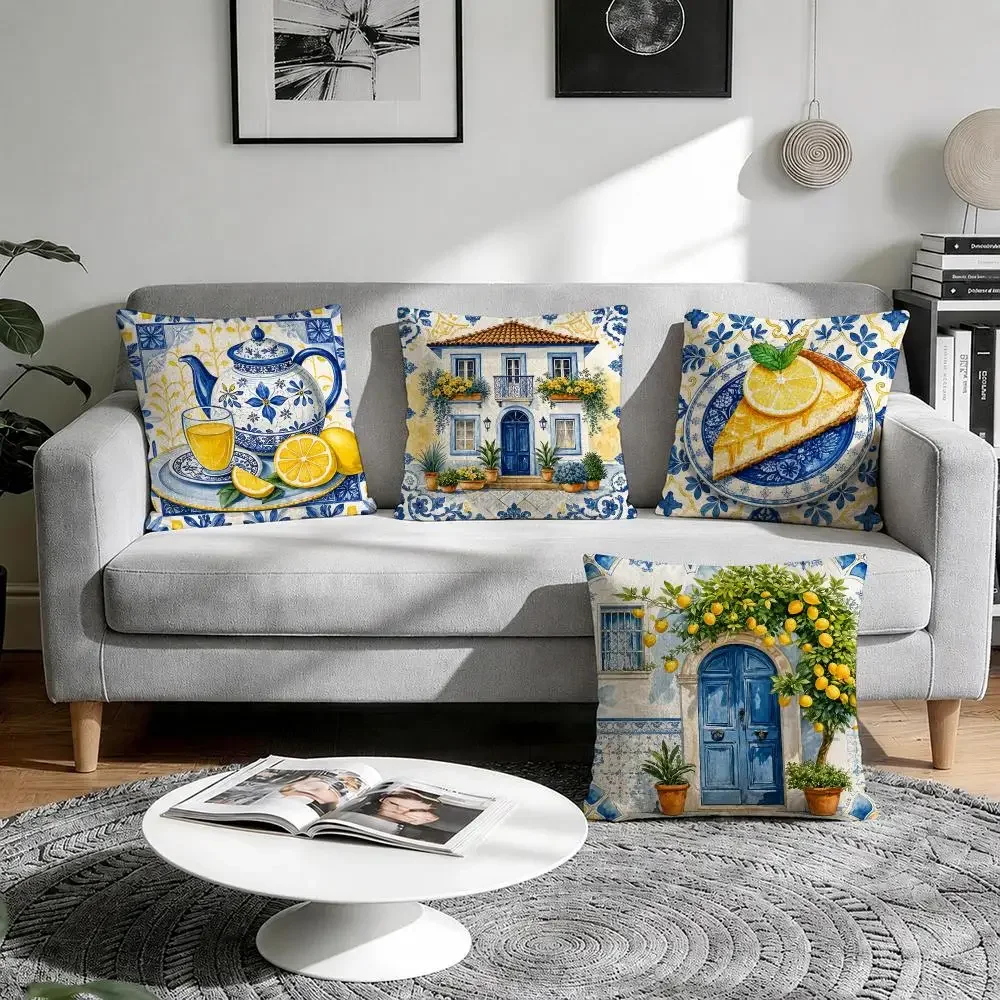 Amalfi Village Watercolor Cushion Cover Natural Breathable Durable Linen Printed Decor Pillow Case Sofa Bedroom