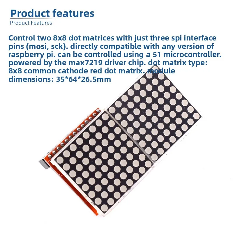 LED Matrix Module Dual 8*8 Red Common Cathode LED Display Board SPI Interface Compatible with Raspberry Pi 51 Microcontroller