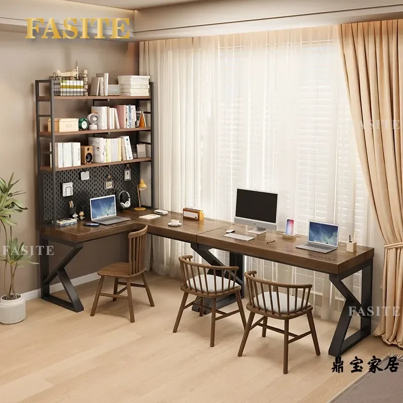 Solid Wood L Shaped Corner Desk with Bookshelf Integrated Wall Mounted Computer Table for Home Office Study Double