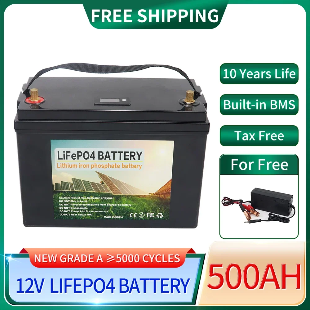 12V 500AH 400AH 300Ah 200Ah 100Ah LiFePO4 Battery Bulit-in BMS Lithium Iron Phosphate Rechargeable Cells For Solar Boat Motor