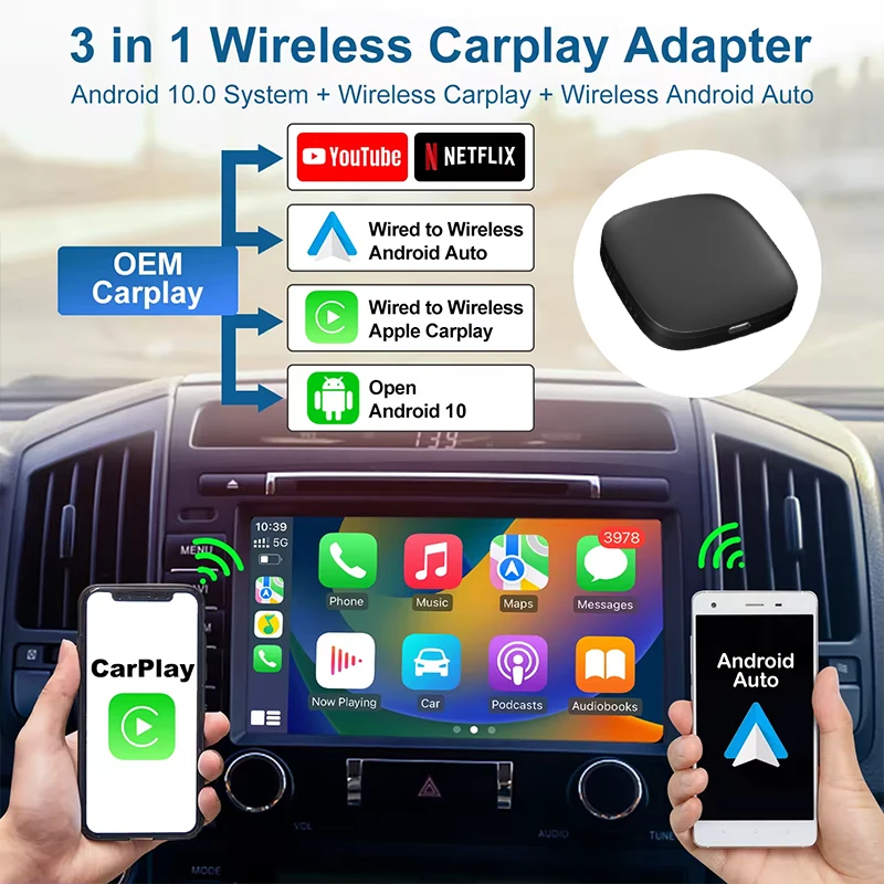 

TAA01 Wireless CarPlay Android Auto AI Box Wi-Fi 6 & BT 5.4 Android 10.0 Plug and Play in-Car Adapter with TF/USB Expansion