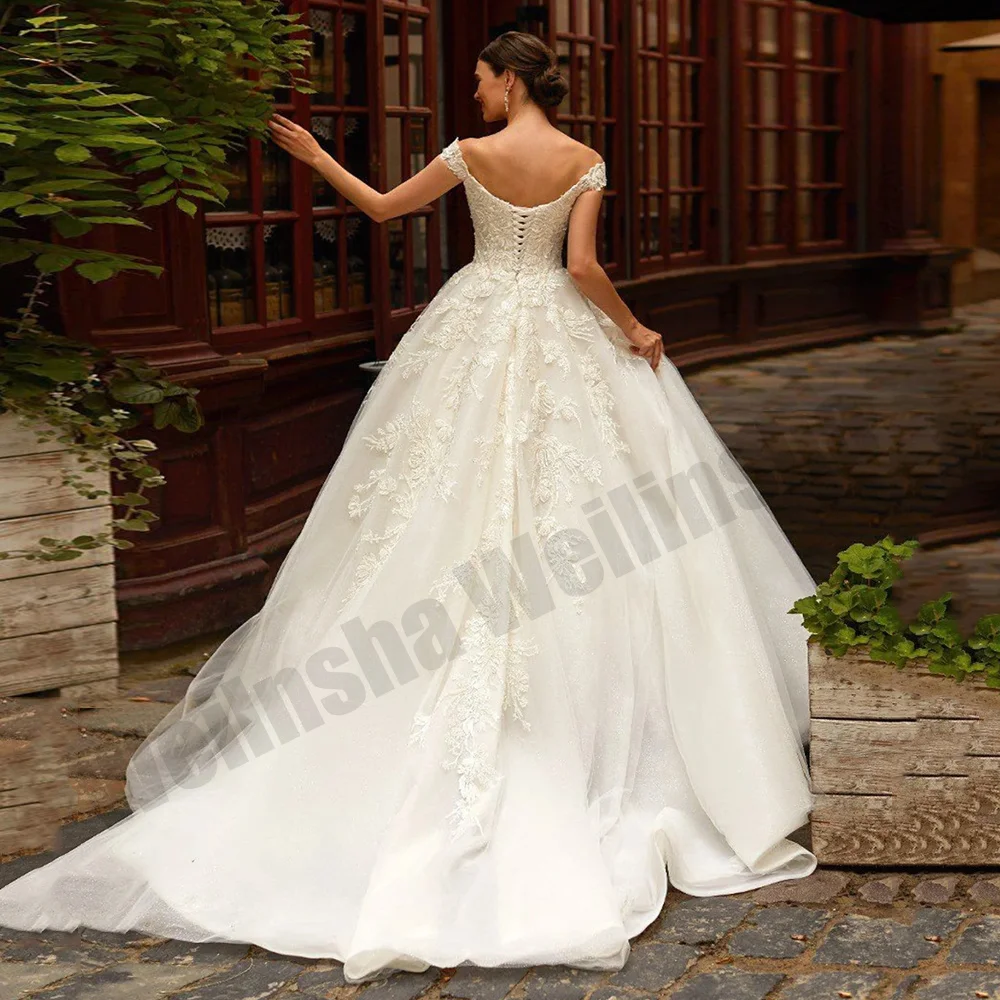 Vestido de novia con hombros descubiertos, cuello en V, apliques de cuentas, corsé de corte de línea A, vestido de novia con purpurina, recién llegado