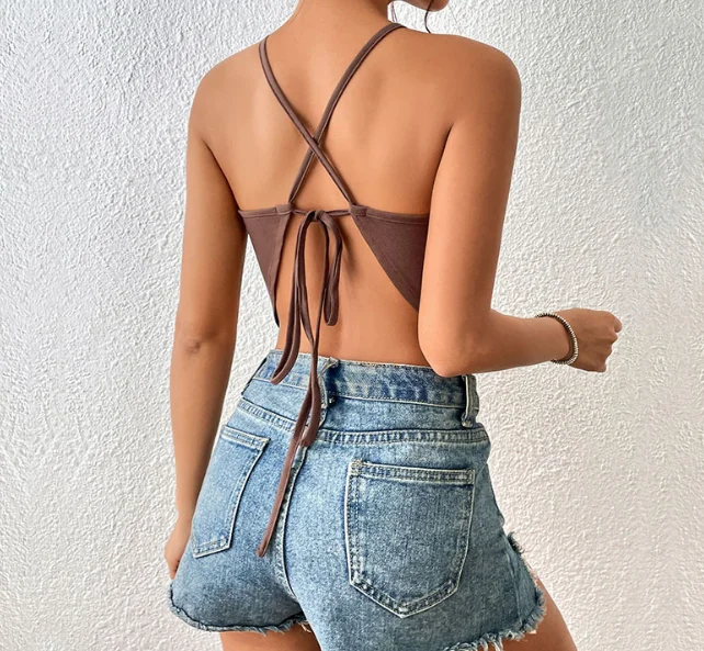 

Sexy Spicy Girl Brown Tight Tank Top Female Clothing 2025 Summer New Fashion Women Hollow Out Crop T-Shirt