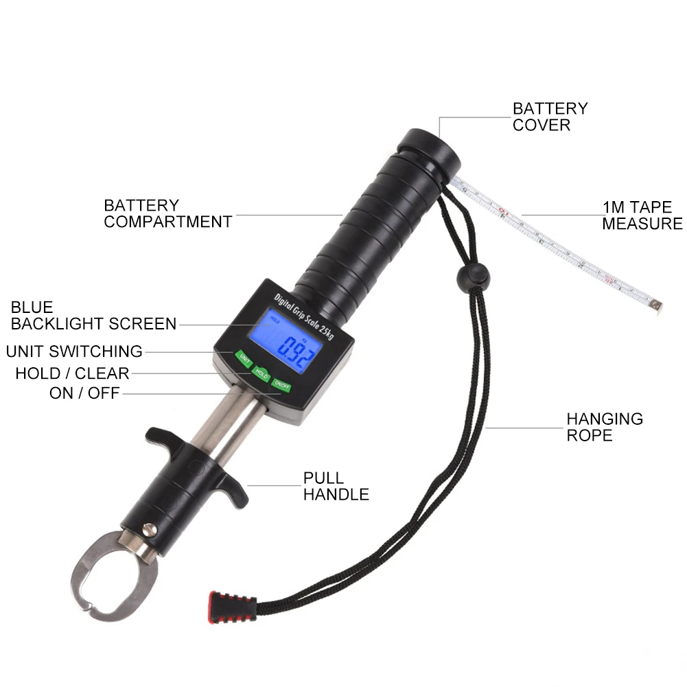 

3 in 1 Digital Fish Grip Scale 25kg/55lb Fish Lip Grabber with 1M Tape Measure Digital Fish Grip Scale Fish Grip Scale