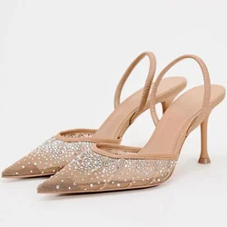 Luxury Diamond Mesh Heeled Sandals Women Brand Shiny Thine Heel Dress Shoes Pointed Toe Mules Pumps Slippers Sandalias De Mujer