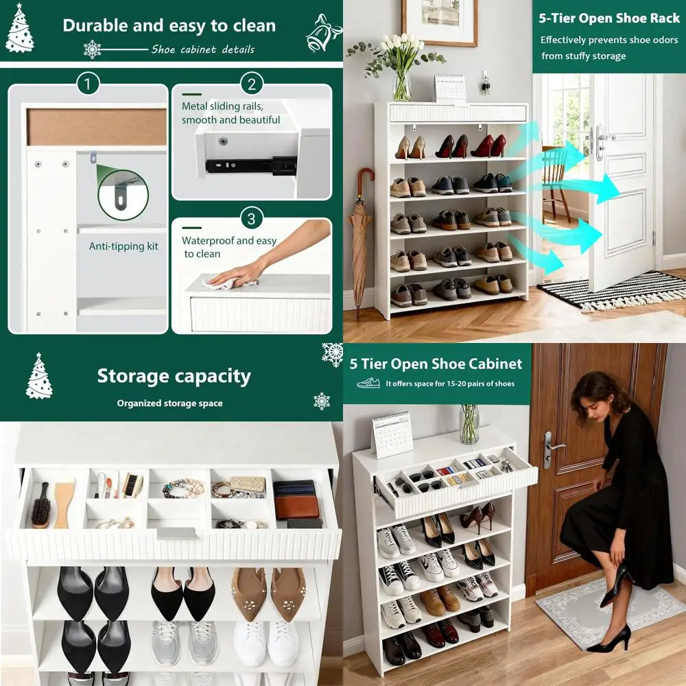 

5-Tier Wooden Shoe Storage Cabinet, Slim Design, Holds 15-20 Pairs, Space-Saving for Closet, Entryway, Bedroom (White)