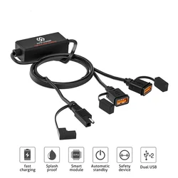 Impermeável motocicleta USB carregador rápido, carga rápida, plugue de desconexão rápida, built-in chip inteligente, SAE para adaptador USB, 36W, QC 3.0