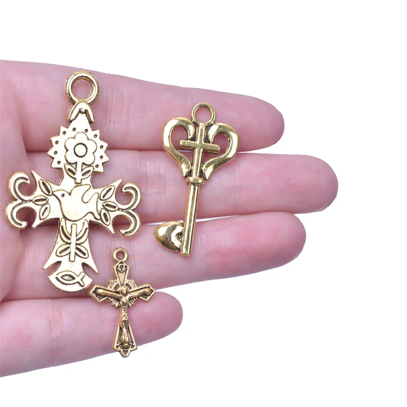 25pcs Retro Gold Color Alloy Cross Series Pendant Mixed Loading Mixed Style Belief Cross Hollow Out Diy Charms Accessories