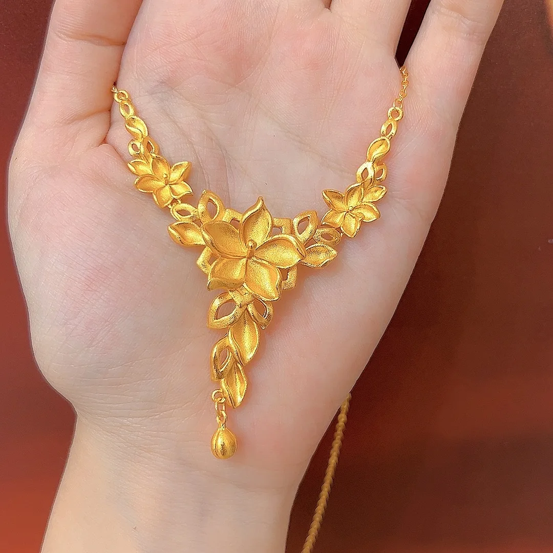 

Luxury 24K 9999 Pure Gold real gold Wedding Bride Necklace Jasmine Pendant Necklace