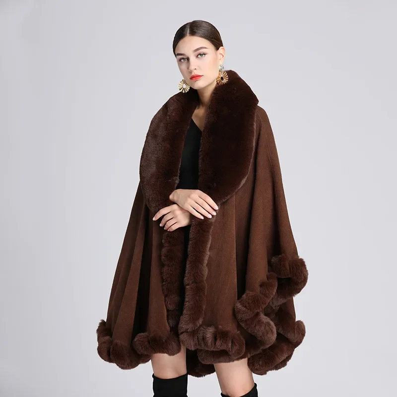 

Europe America New Imitation Otter Rabbit Fur Collar Hooded Imitation Cashmere Loose Ponchos Women Capes Coffee Cloak