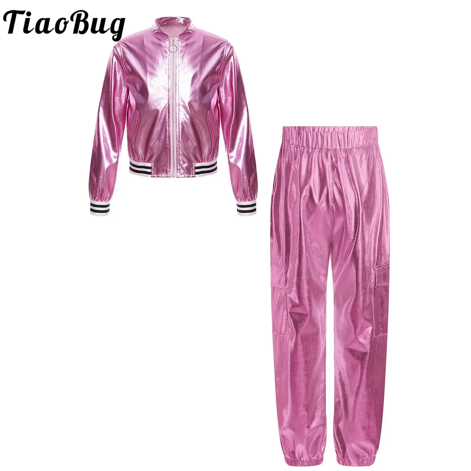 

Kids Girls Hip-hop Jazz Dance Outfit Performance Costume Metallic Long Sleeve Stand Collar Zipper Jacket with Pants Modern Dance