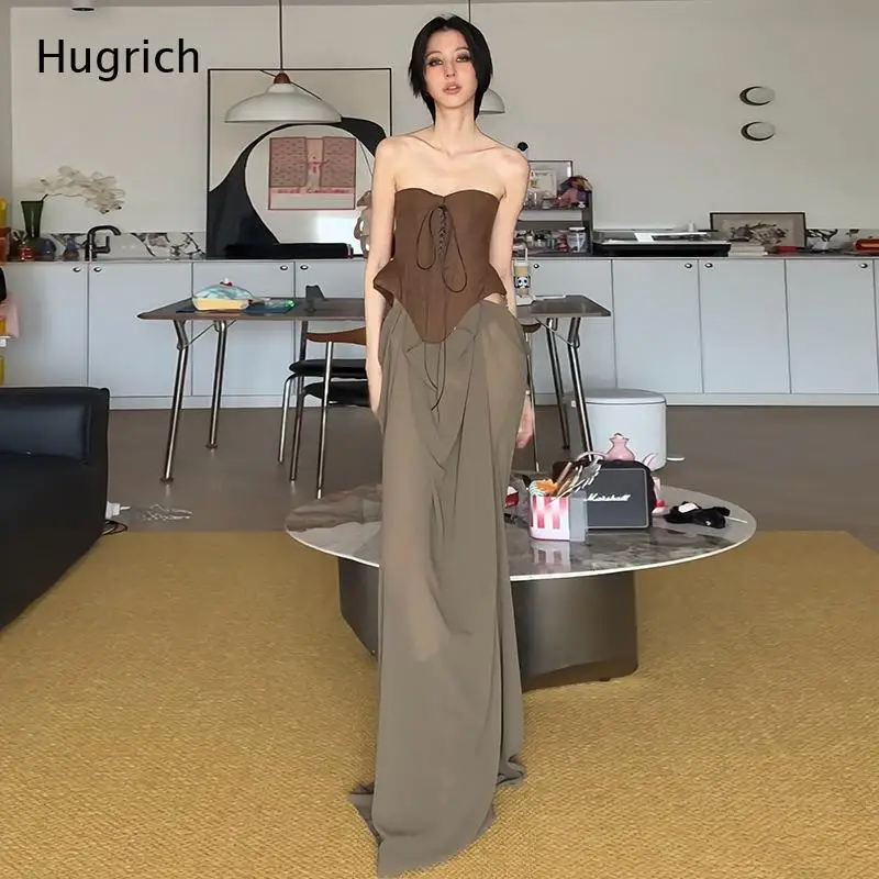 Elegantes Damen-Set: Schulterfreies Korsett-Oberteil und Weite Palazzo-Hose, Zweiteiliger Einteiler in Unifarbe mit Hoher Taille für Partys