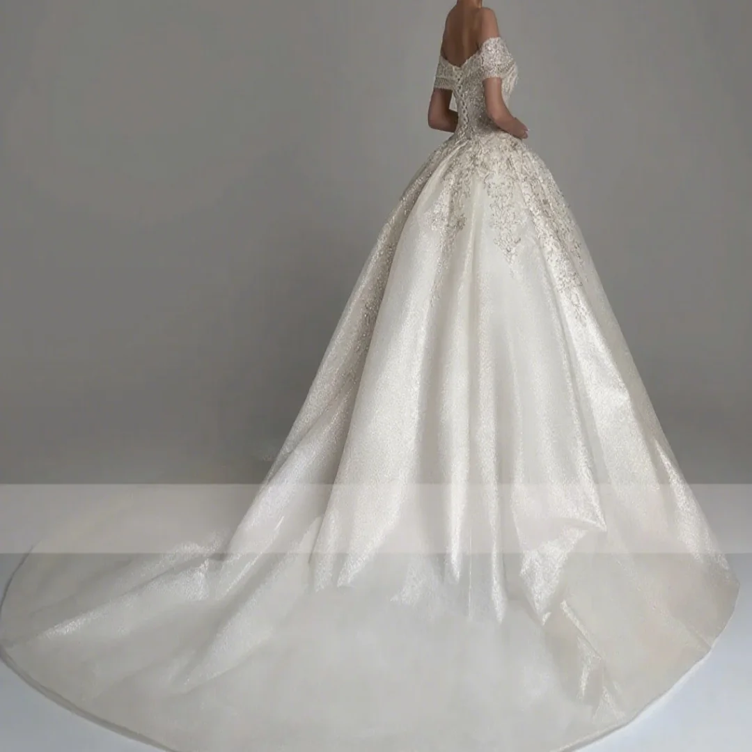 

Customized lace beaded sparkling bridal formal dress, princess wedding gown, sweet sweetheart off-the-shoulder robe