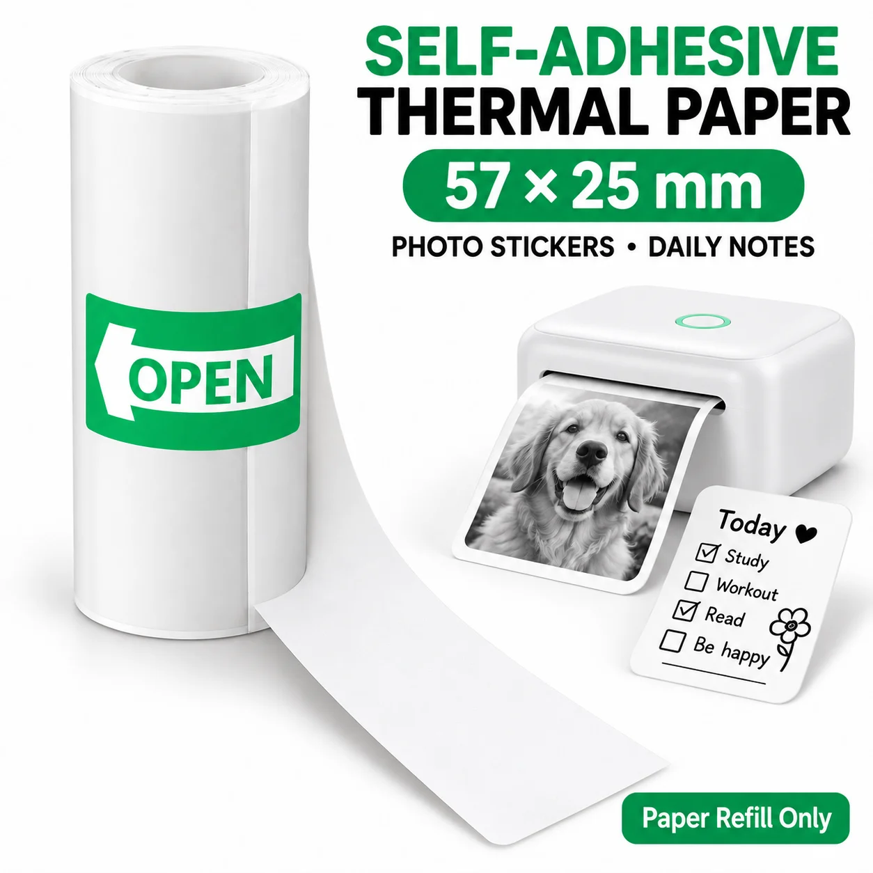 57x25mm Mini Thermal Printer Paper, Self-Adhesive Sticker Refills for Photo Printing, Office Checklists and Daily Notes