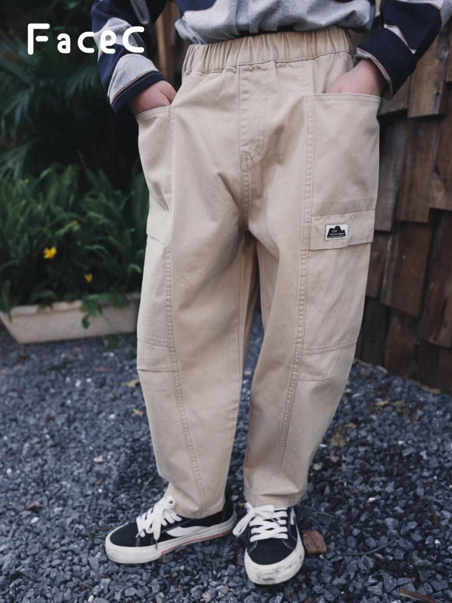 Facec Pure Cotton Work Trousers for Boys Outdoor Camping Hiking Loose Fit Spring Autumn New Style Mountain Series Kids Pants