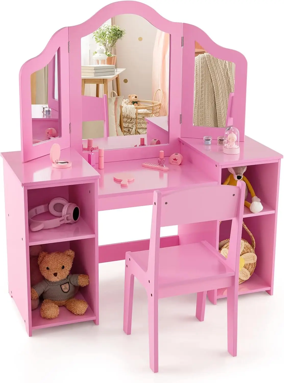 Princess Vanity Set with Mirror & Stool, Wooden Makeup Dressing Table for Girls, Toddler Pretend Play Furniture (Pink)