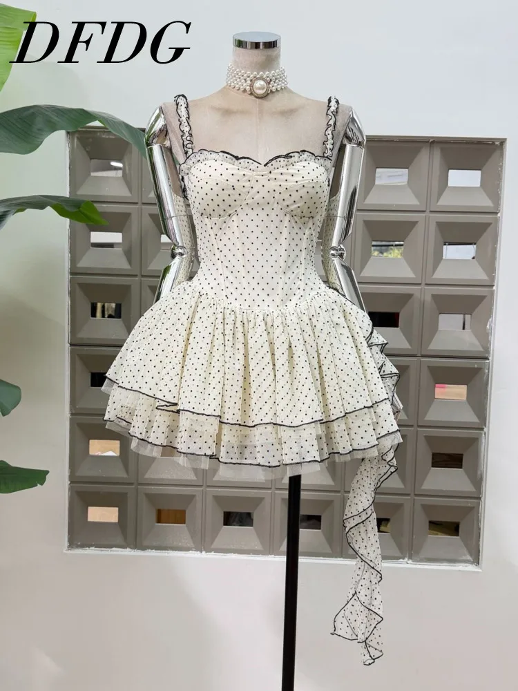 

Женское платье DFDG Весна-Лето 2026 с принтом в горошек, на тонких бретельках, с кружевной отделкой, многоярусной тюлевой юбкой и оборками, сарафан для вечеринок и пляжа