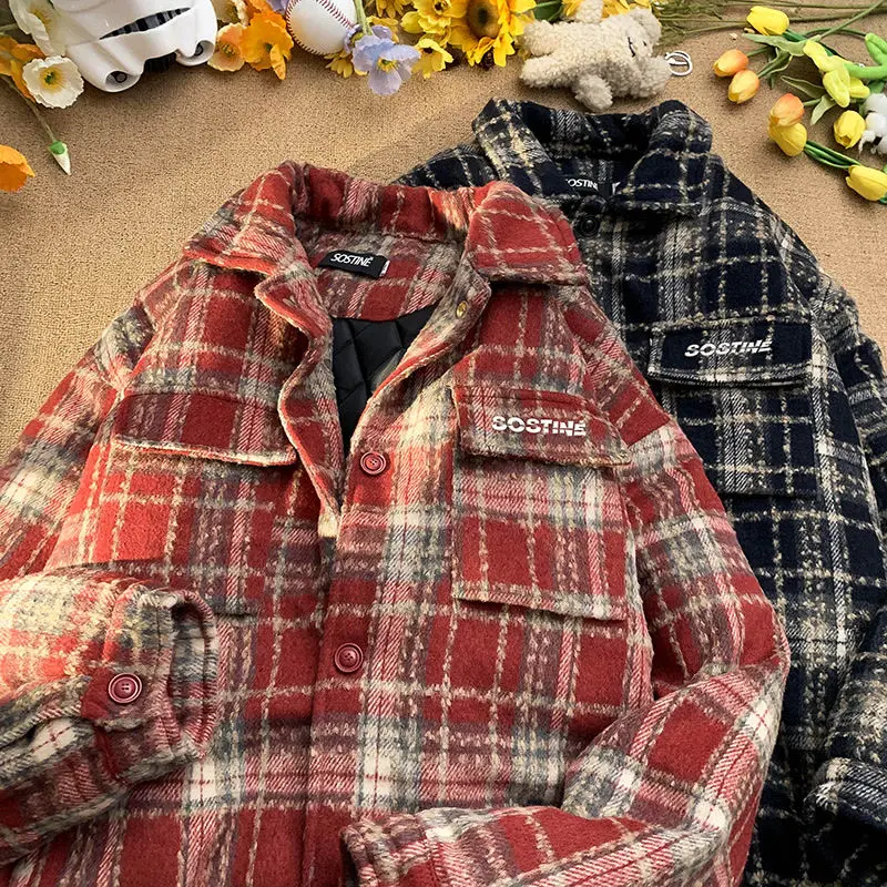 

Plaid Shirt Jacket Men's Spring Autumn Loose Couple Single Breasted Long Sleeves Turn Down Collar Woolen Coat Jackets Tops