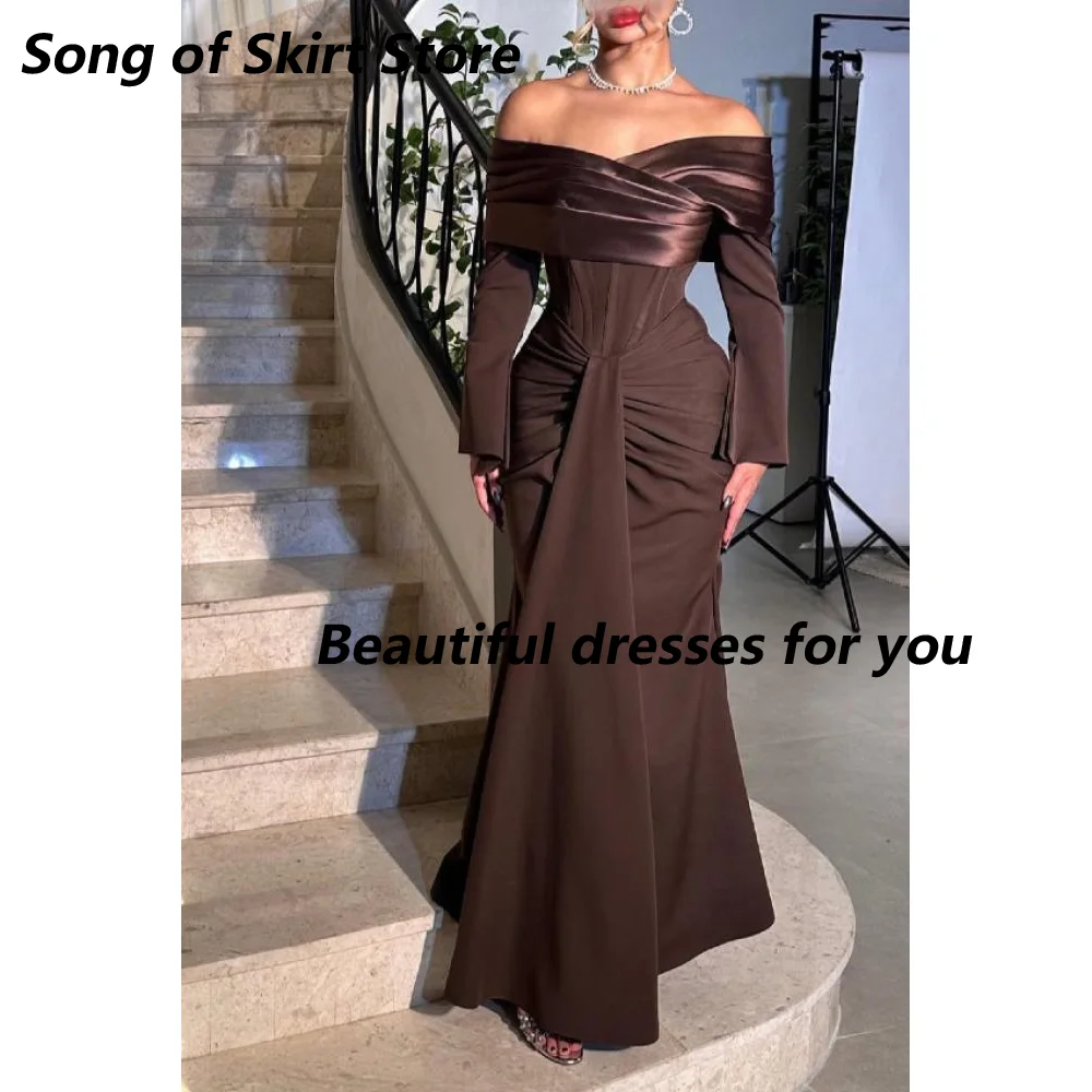 Customized Elegant Mermaid Evening Dress Brown Off The Shoulder Long Sleeves Evening Gowns for Women Saudi Formal Dresses 2025