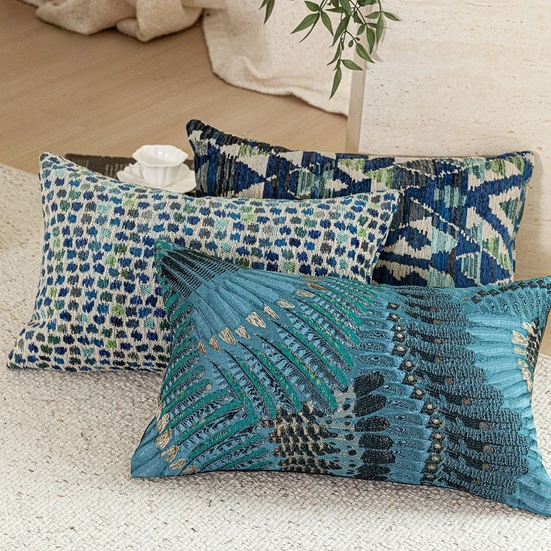 Luxury Premium Vintage Blue Lumbar Pillow Cover Chenille Textured Jacquard Woven Abstract Art Cushion Cover for Sofa Home Decor