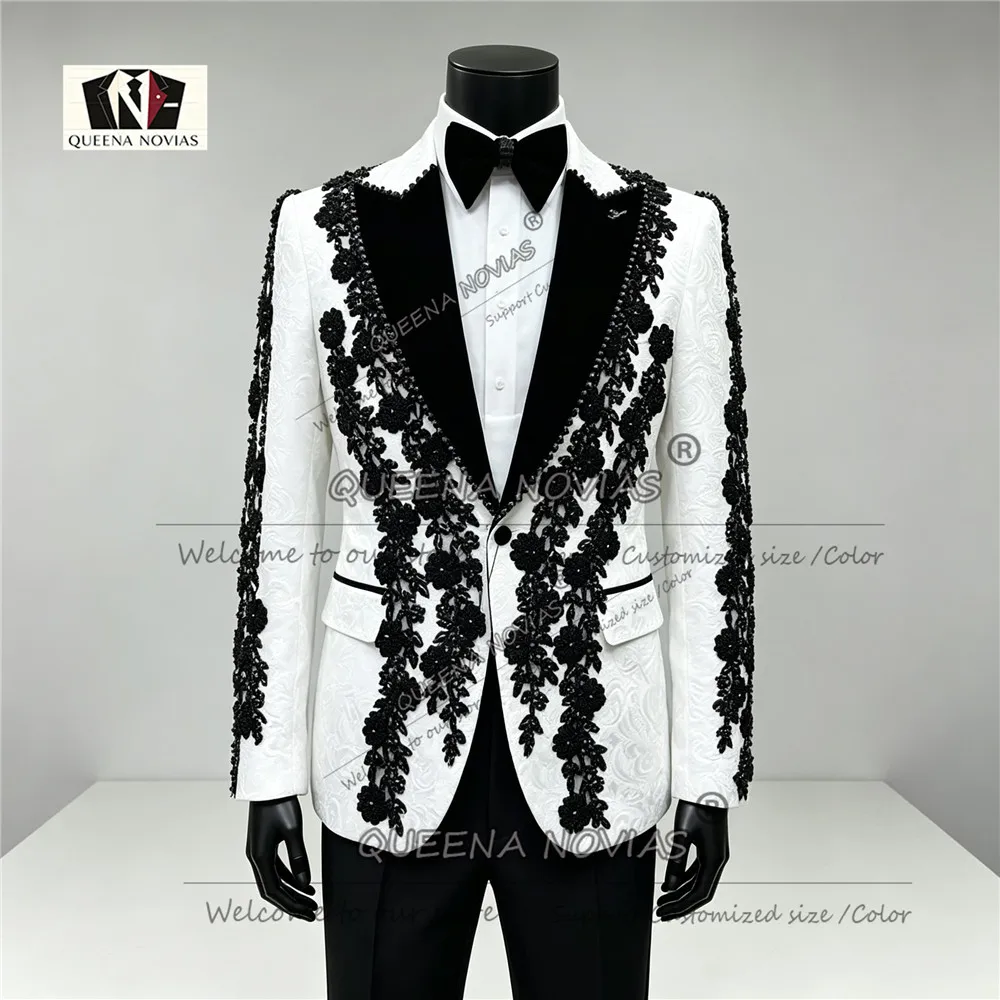 Customized Beads Appliques Men Wedding Suit For Wedding Peak Lapel Floral Tuxedo Groom 2 Pcs Jacket Pants Evening Party Clothing