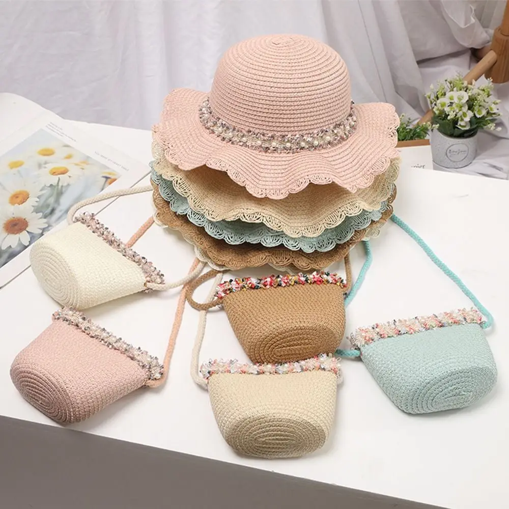 Summer Baby Flower Breathable Hat Straw Hat With Handbag Bags Kids Hat Boy Girls Sun Visor UV Protection Panama Hat