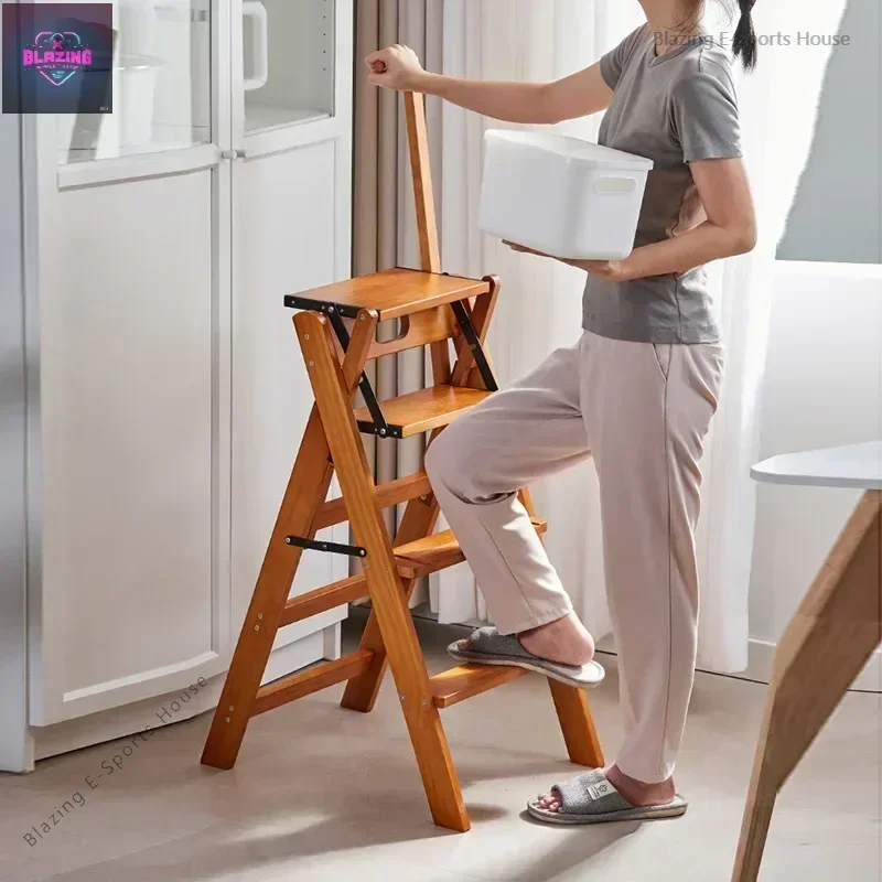 Solid Wood Step Stock Housing Folding Chair Multifunctional Climbing Four Step Stairs Safe Stable Treats Yellow Walnut Color