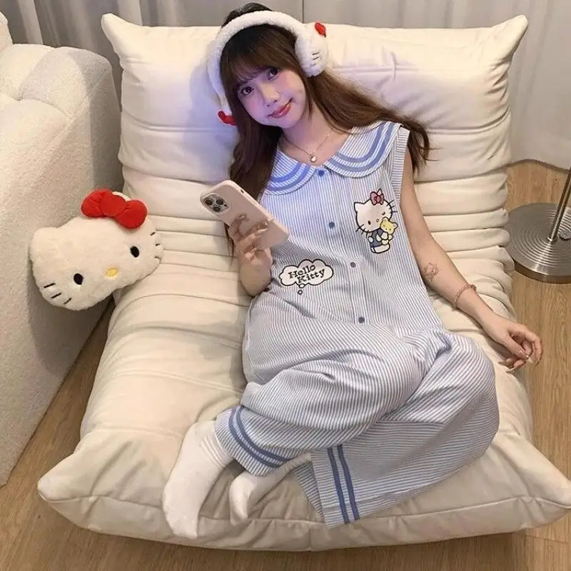 

Домашняя одежда Sanrio Hello Kitty: ночная сорочка, модная хлопковая пижама без рукавов с мультяшным принтом для студентов, весенне-летнее платье больших размеров