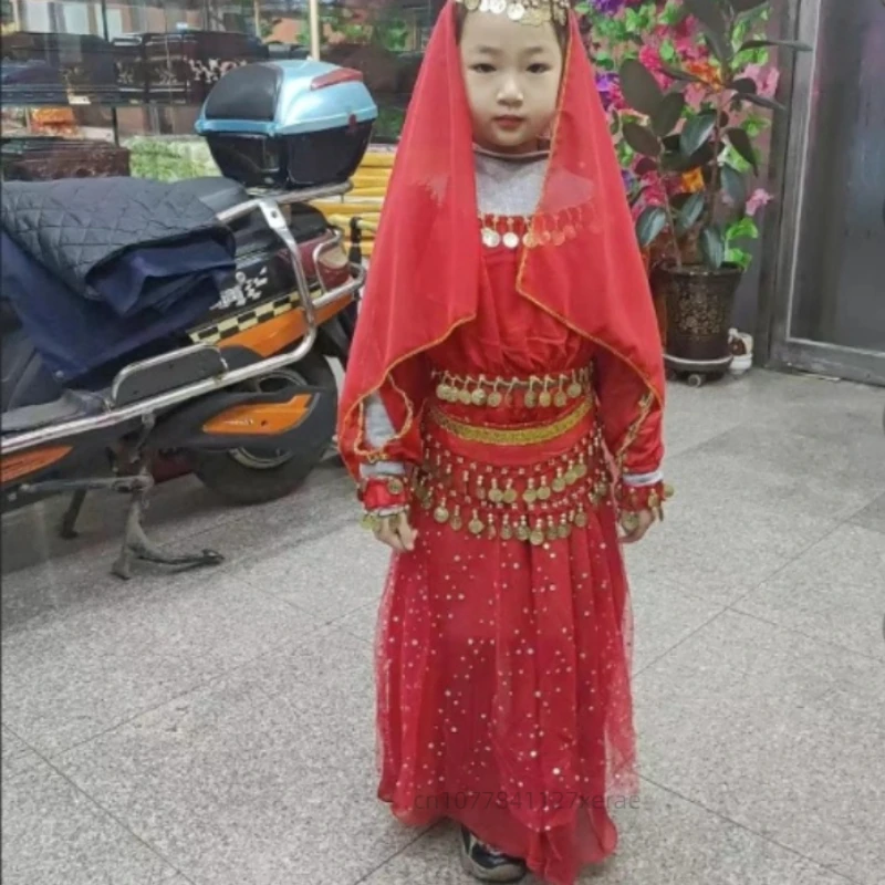 Traje de performance de dança indiana infantil, fantasia de performance de dança do ventre adulto, conjunto de mangas compridas para dança étnica de meninas