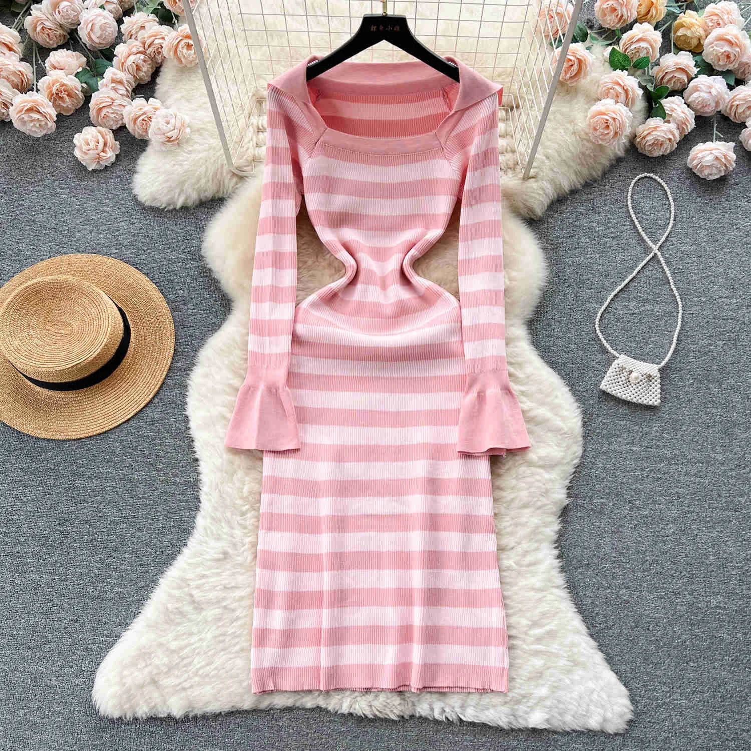 

Casual Women Striped Pattern Knitting Dress for Women 2023 Autumn Winter Square Neck Flare Sleeve Slim Midi Calf Sweater Dress