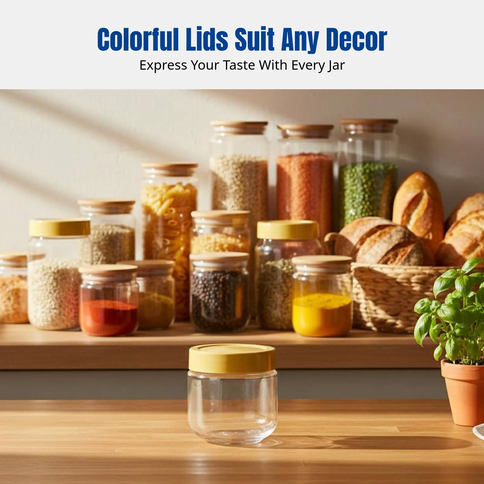 

Round Glass Storage Jar, Airtight Food Container, Kitchen Moisture-Resistant, Stackable, Assorted Lid Colors