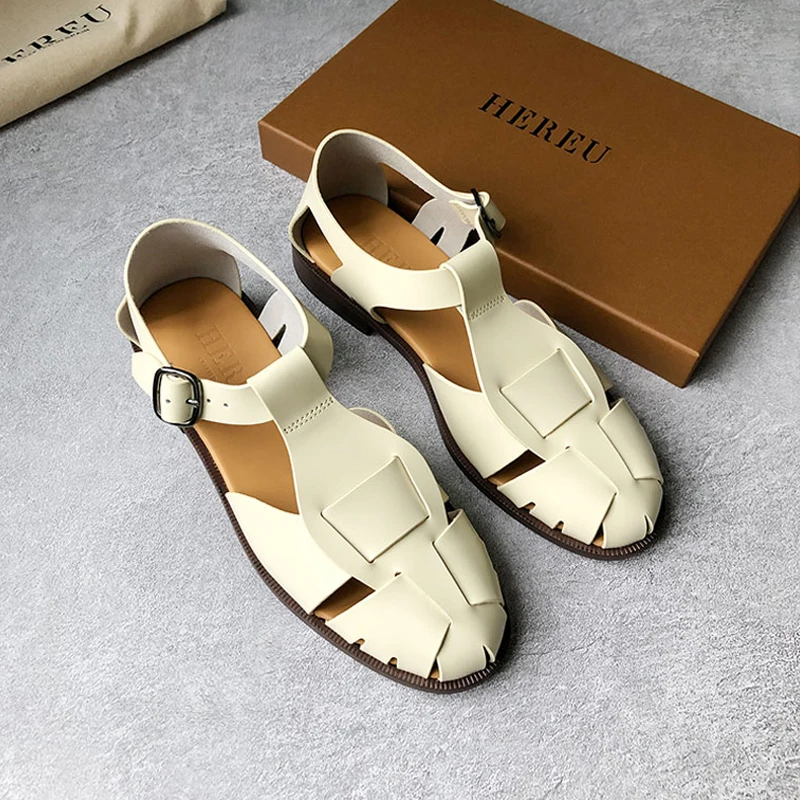 HEREU 2022 New Women Sandals Real Genuine Leather Ins Summer Shoes Women Roman Fashion Daily Vacation Female Footwear