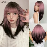 LOUIS FERRE Pelucas sintéticas largas y rectas con flequillo para mujer, pelo falso resistente al calor, Color Negro, Rosa, degradado, para Cosplay