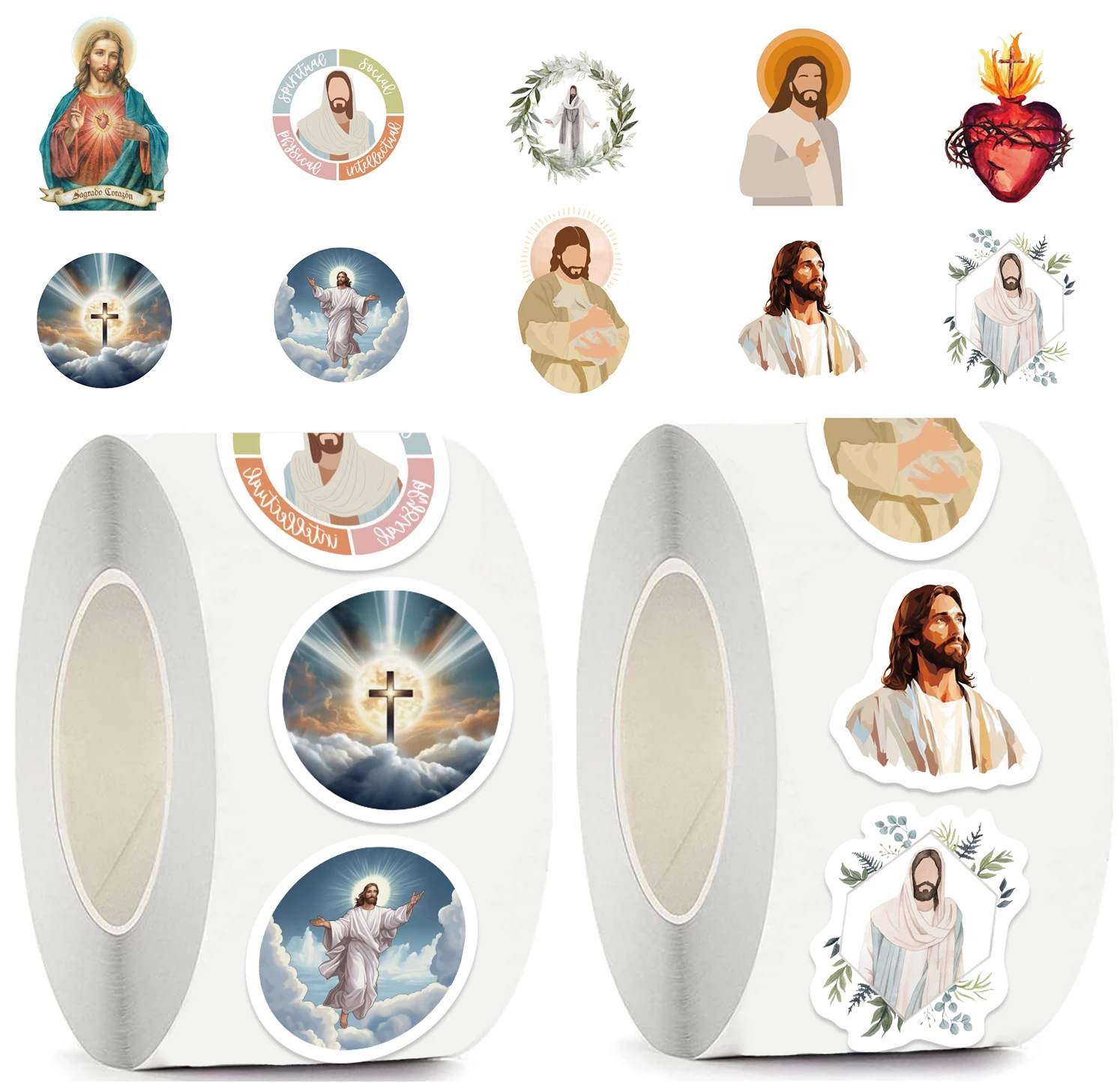 500 Stück/Rolle Religiöse Jesus-Aufkleber Cartoon PVC-Aufkleber-Rolle für Flaschen Laptops Handys Skateboards Scrapbooking Sticker