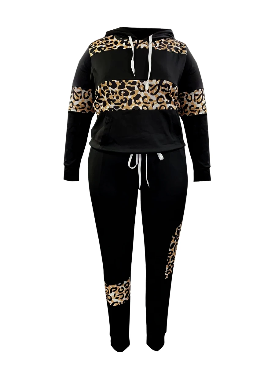 LW Plus Size Autumn Two pieces set long sleeve Hooded Collar Leopard Print Hoodie top & pants suit winter casual Tracksuit Set