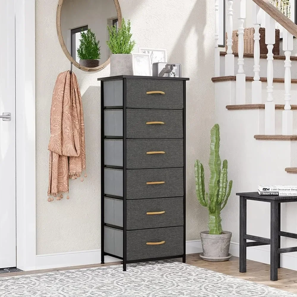 Vertical Dresser Storage Tower - Sturdy Steel Frame, Wood Top, Easy Pull Fabric Bins, for Bedroom, Hallway, Closets 6 Drawers