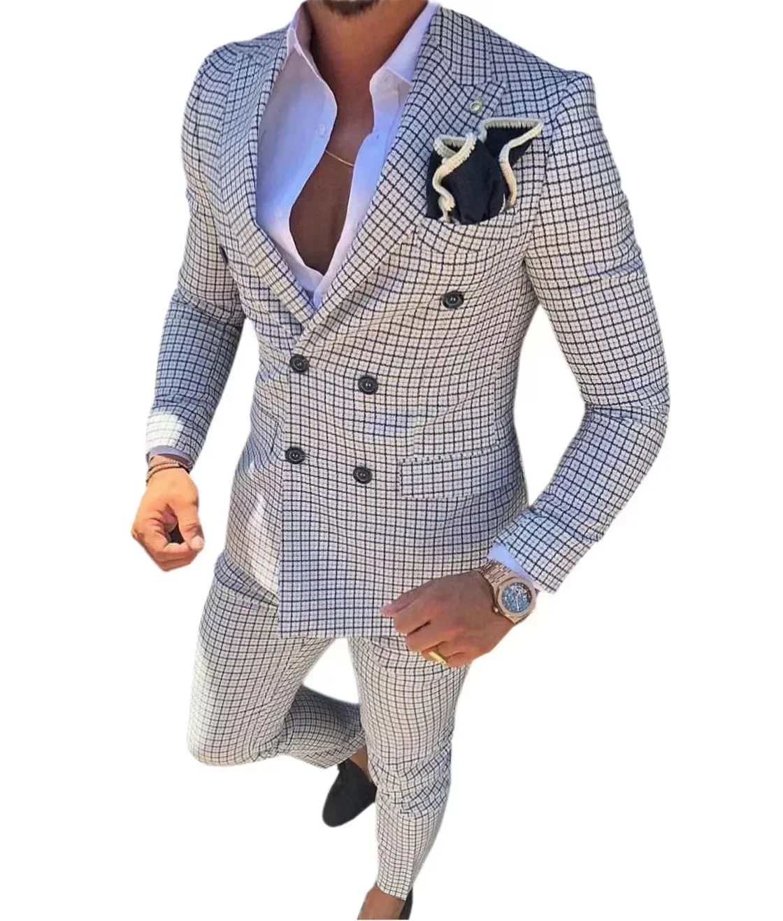 

Men's Plaid 2-Piece Suit Casual Tuxedo Set with Double Breasted Peak Lapel Blazer And Pants for Wedding Prom Evening Party