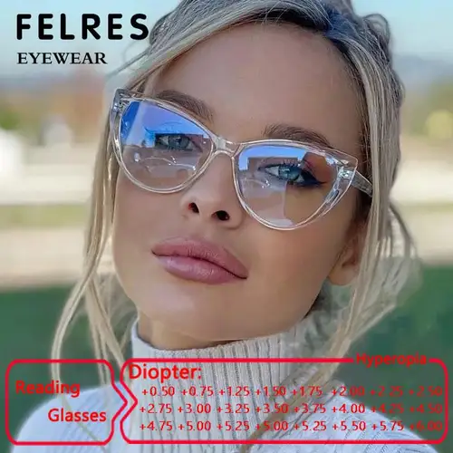 Gafas de lectura tipo ojo de gato transparentes para mujer, gafas ultraligeras simples con estilo TR90 con bisagra de resorte, gafas para presbicia para ordenador FELRES