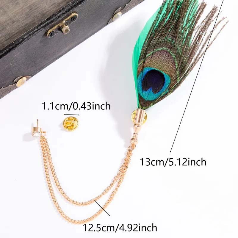 Retro Feather Brooch Rhinestone Tassel Chain Lapel Pins for Men Stage Costume Badge Fashion Wedding Jewelry Accessory