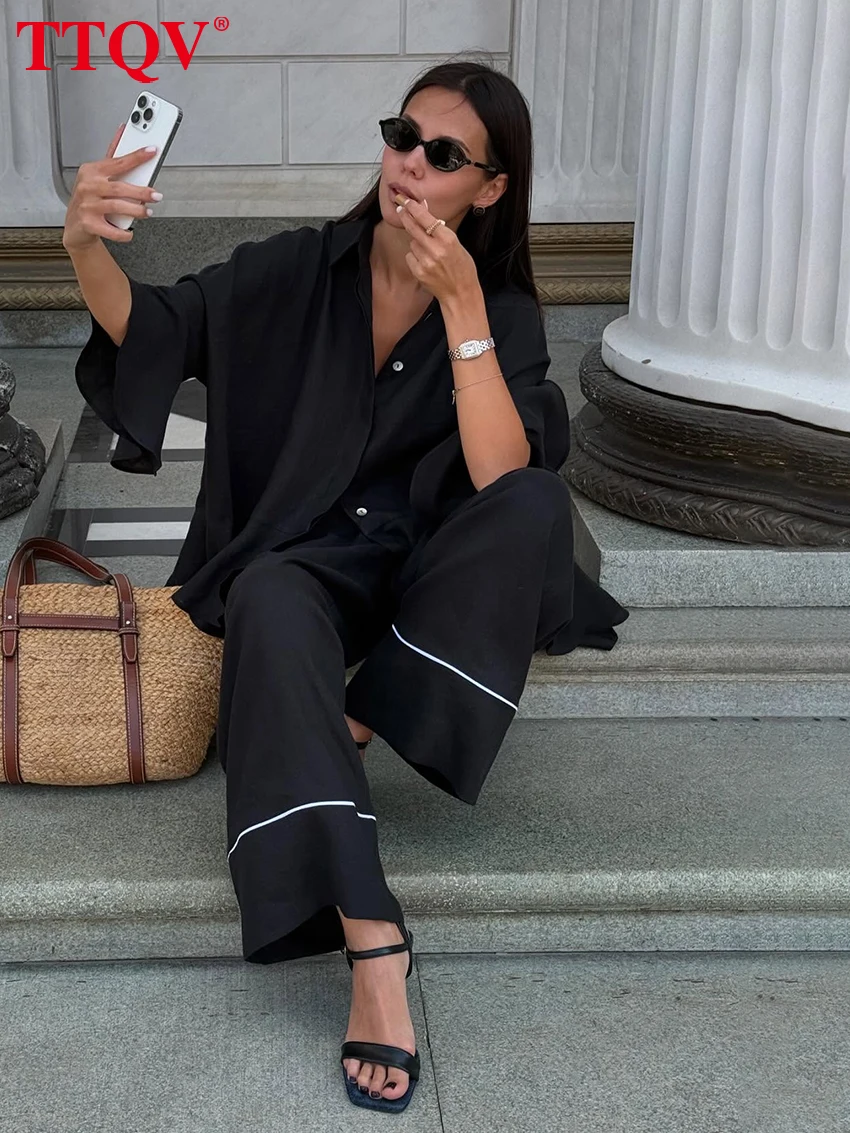 

TTQV Fashion Loose Black Cotton Trousers Set 2 Piece Woman 2026 Elegant Long Sleeve Shirt With High Waist Wide Pants Set Female