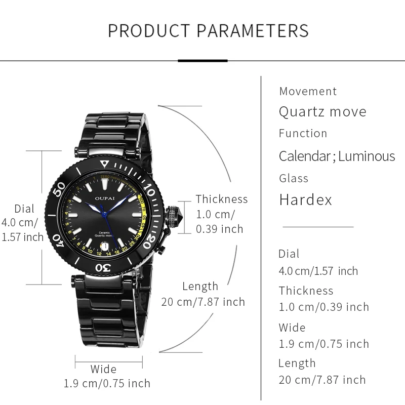 Oupai круглые черные керамические кварцевые часы с перемещением, простые и спортивные часы, мужские наручные часы с календарем, водонепроницаемые, светящиеся