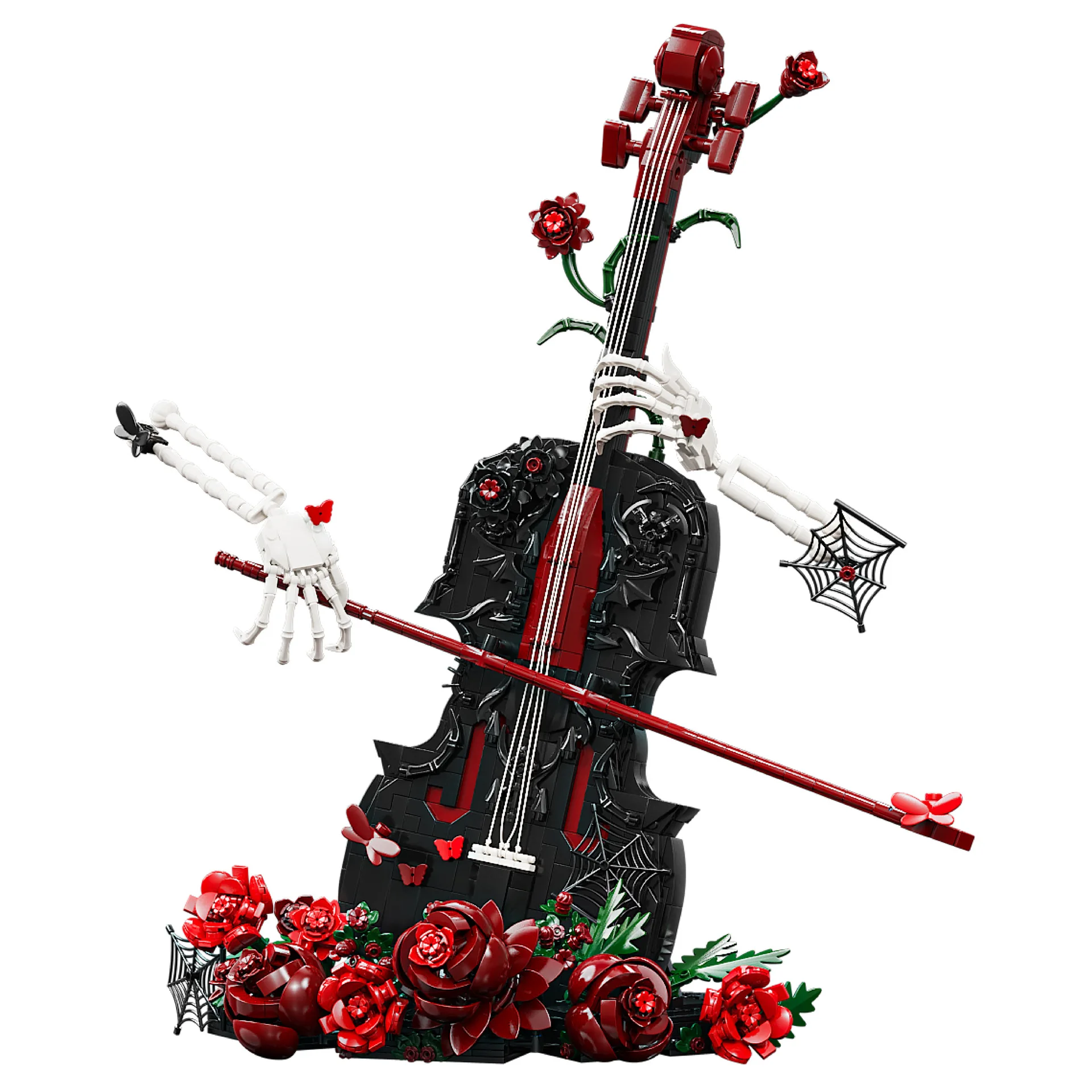Mattoncini da costruzione Deathly Melody MOC K70008 Modello di violoncello e violino a forma di scheletro gotico Mattoncini Rosa rossa Strumento musicale Idea regalo Kit giocattolo Senza scatola