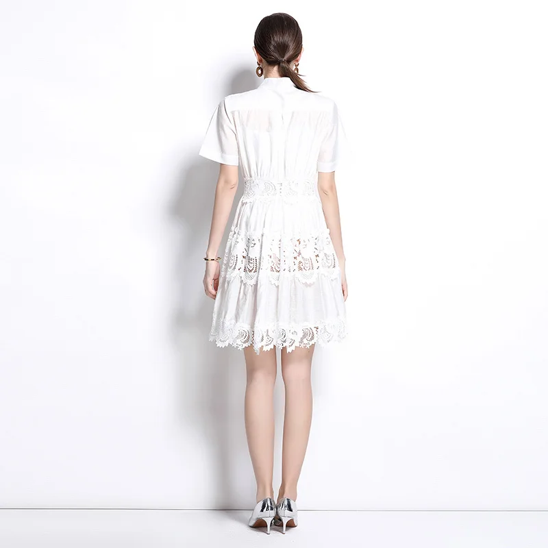 Elegante avondjurk voor dames, formele gelegenheid, zomer, gehaakt, uitgehold borduurwerk, korte mouwen, witte kanten katoenen voeringjurken