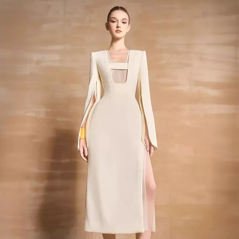 BEWQ Elegancka Sukienka Damska z Kwadratowym Dekoltem, Patchworkowa Gaza, Wysoki Stan, Rozcięcie na Rękawie, Sukienka Wieczorowa na Imprezę, Nowość Jesień 2025